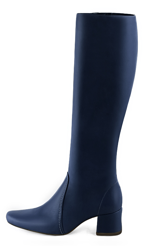 Navy blue women's feminine knee-high boots. Round toe. Low flare heels. Made to measure. Profile view - Florence KOOIJMAN